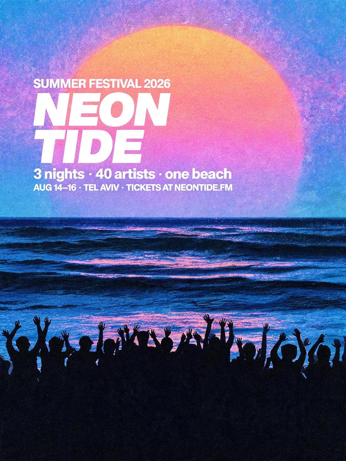 Poster for the Neon Tide summer festival: a huge pink sunset over the sea, a crowd in silhouette, dates and a ticket link
