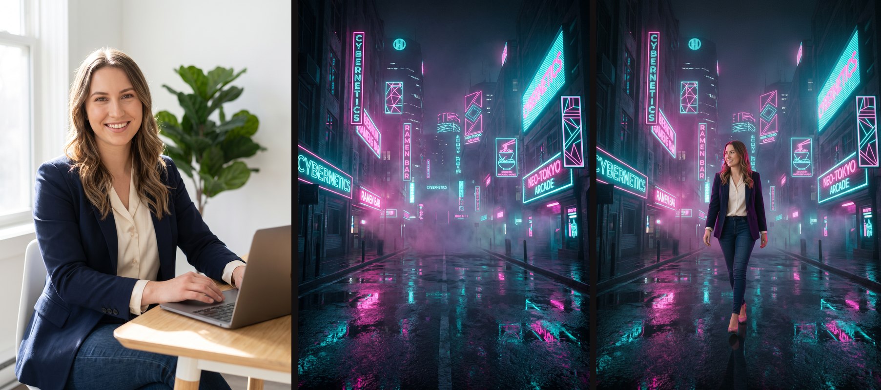 Two inputs - a portrait and a scene - combined into one image, character preserved.